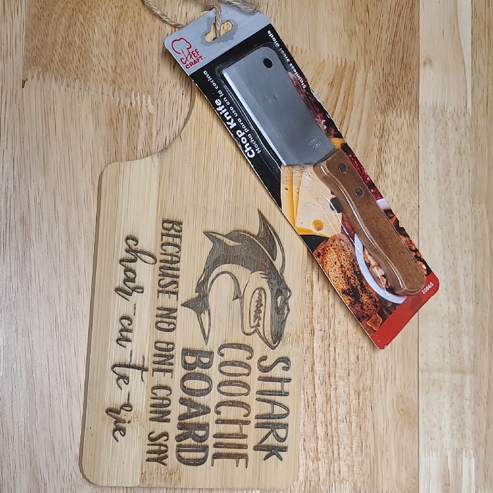 Engraved Bamboo 'Shark Cookie Boarding' Cutting Board with Mini Cleaver
